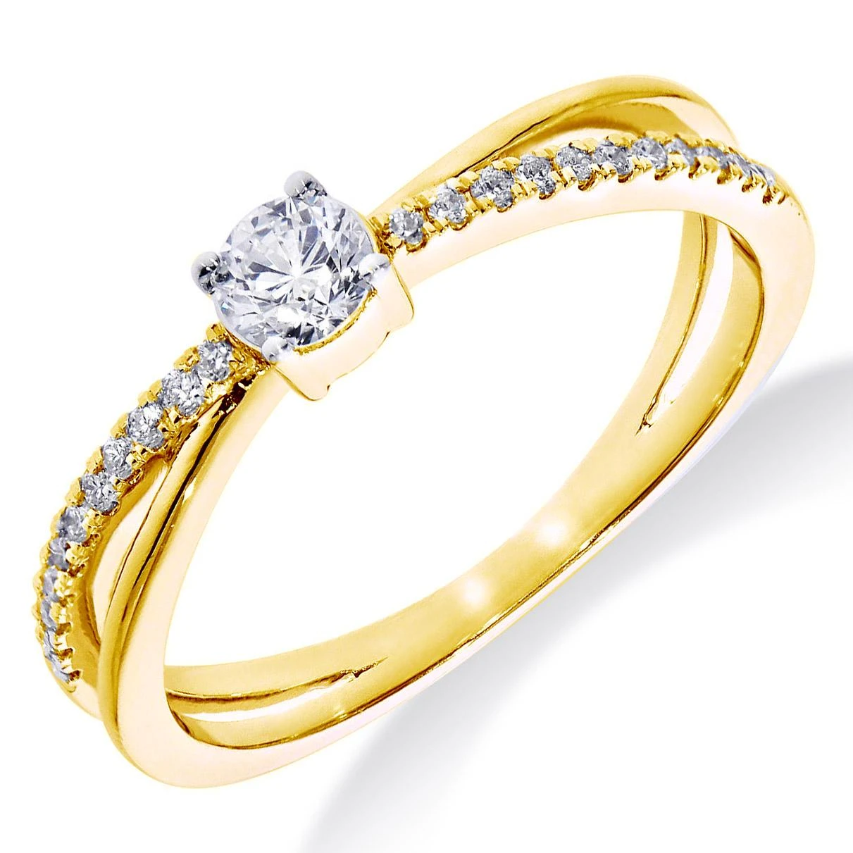 14 Karaat geelgouden solitair ring met 1-0.21 crt H-SI diamant en 22-0.11 crt H-SI