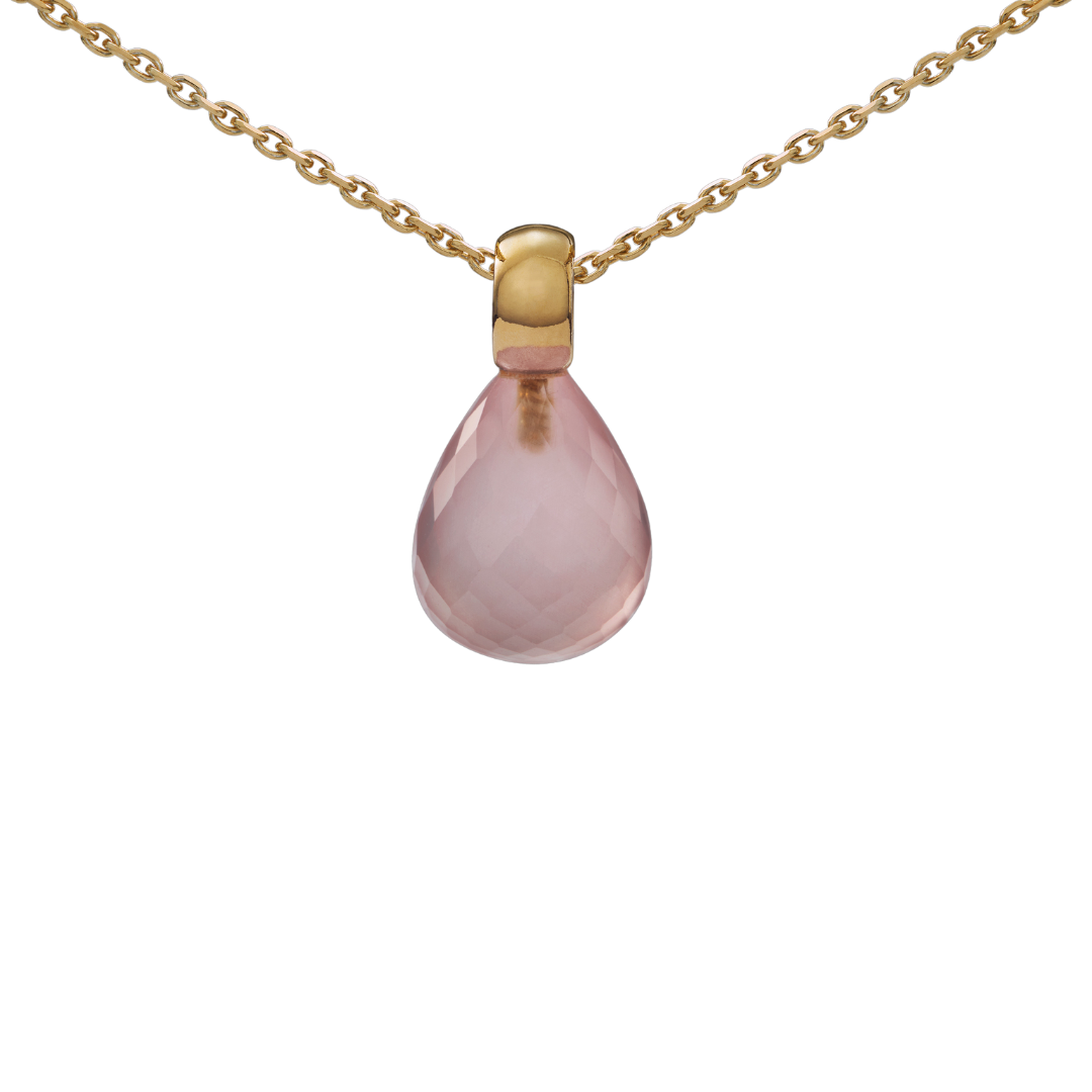 Snoepjes | 14 karaat geelgouden hanger met roze rozenkwarts | druppelvormig 12 x 10 mm | met klein oog