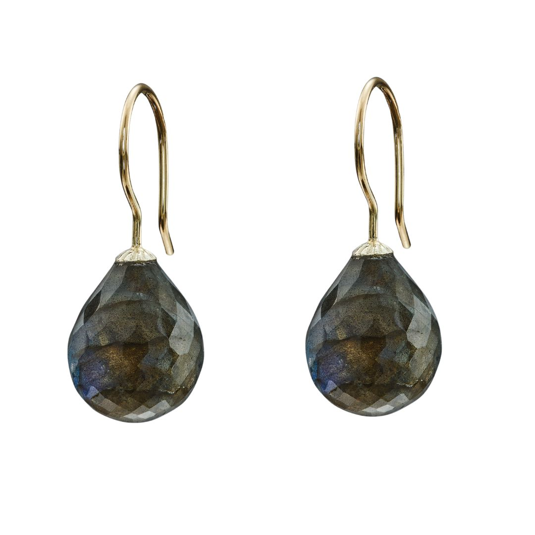 Snoepjes | 14 karaat geelgouden oorhangers met groengrijze labradoriet | druppelvormig 12 x 10 mm