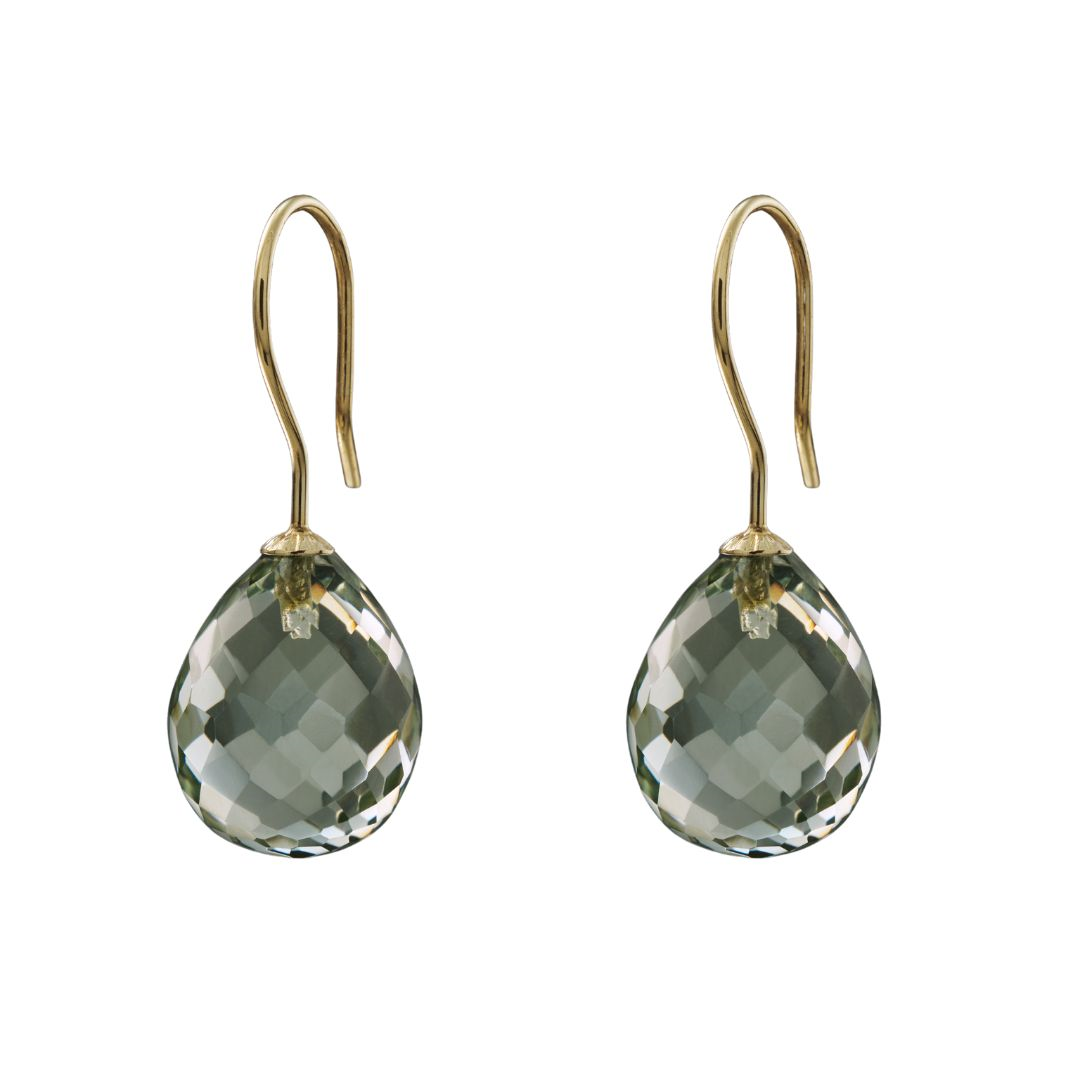 Snoepjes | 14 karaat geelgouden oorhangers met lichtlichtgroene prasioliet | druppelvormig 12 x 10 mm