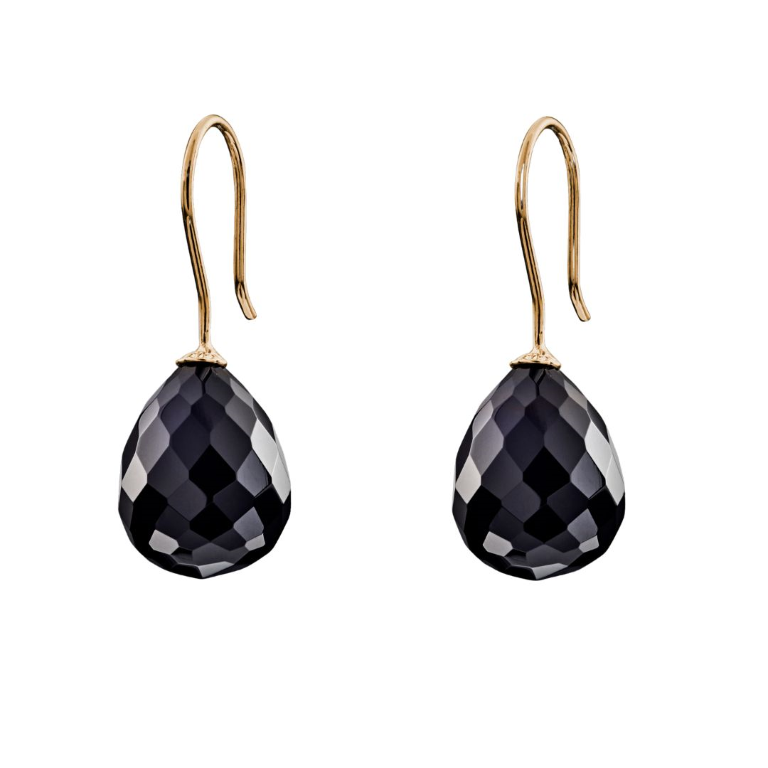 Snoepjes | 14 karaat geelgouden oorhangers met zwarte onyx | druppelvormig 12 x 10 mm