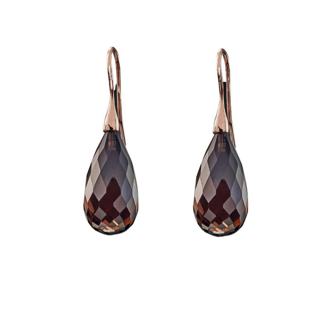 Snoepjes | 14 karaat roodgouden oorhangers met bruine rookkwarts | druppelvormig 22 x 12 mm