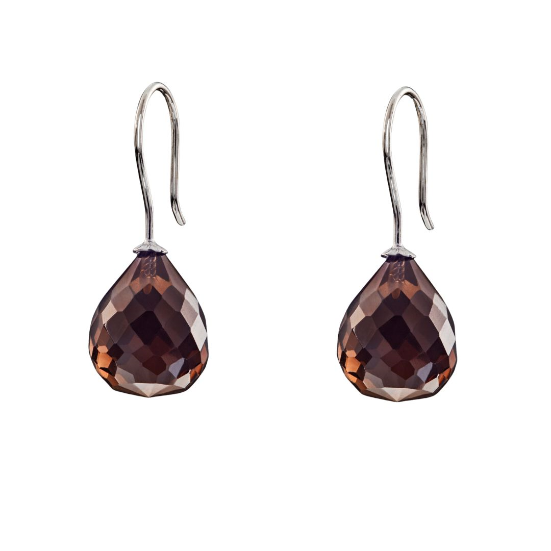 Snoepjes | 14 karaat witgouden oorhangers met bruine rookkwarts | druppelvormig 12 x 10 mm