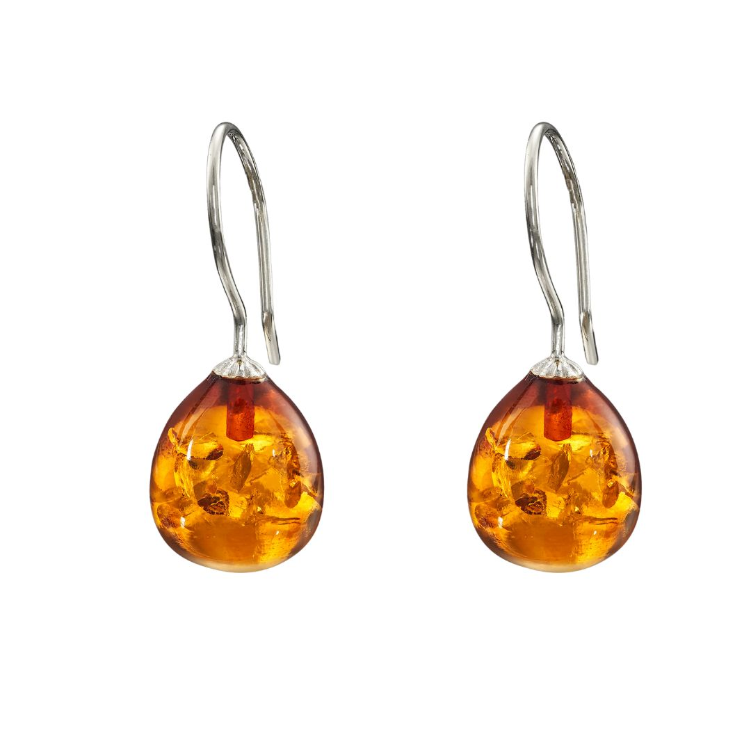 Snoepjes | 14 karaat witgouden oorhangers met geeloranje barnsteen | druppelvormig 12 x 10 mm