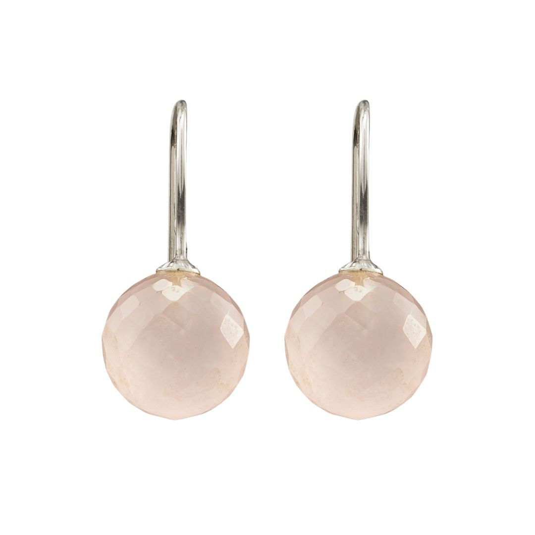 Snoepjes | 14 karaat witgouden oorhangers met roze rozenkwarts | balvormig 10 mm