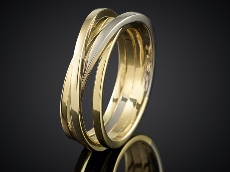 Verwikkeling | 14 karaat bicolor geel- met witgouden 4-baans ring | 3 banden geelgoud & 1 band witgoud | vierkant 1.4 mm