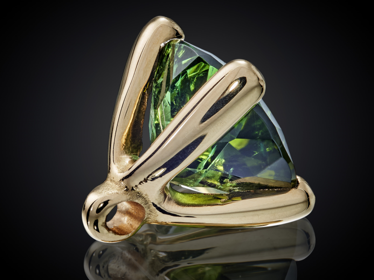 Danser | 18 karaat geelgouden zettinghanger | 8mm groene toermalijn/schuin oog