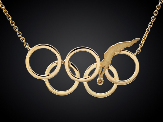 MM Olympisch | 14 karaat geelgouden collier olympische ringen met miniatuur sporter