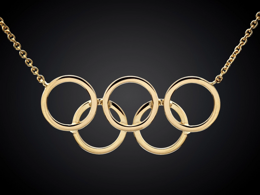 Olympiade | 14 karaat geelgouden collier met olympische ringen | groot| aan een anker collier