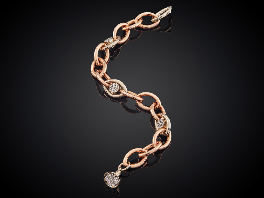 Oogappel | 14 karaat bicolor wit- en roodgouden armband met diamant | 150-0.75crt tw vvs | grote schakel