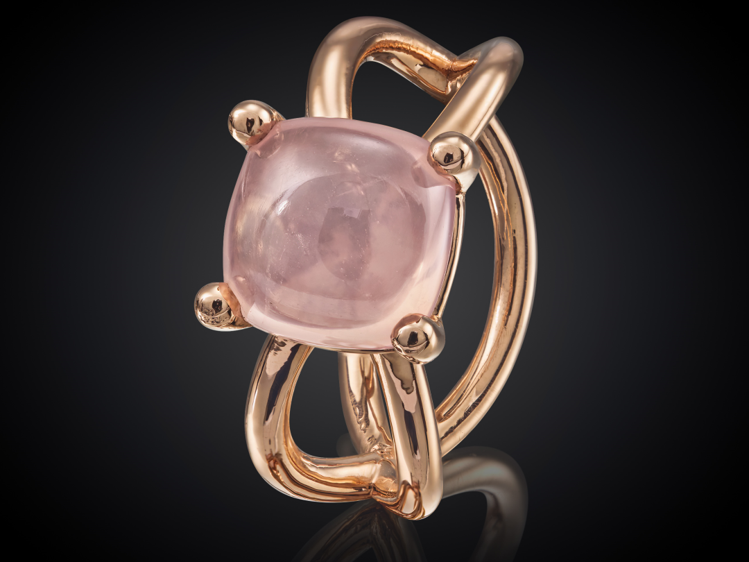 Oogappel | 14 karaat roodgouden ring met rozenkwarts | bestaande uit 3 oogappel schakels met mooie stevige zetting