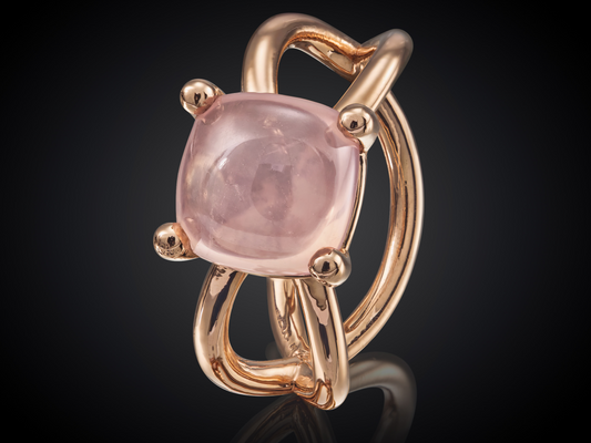 Oogappel | 14 karaat roodgouden ring met rozenkwarts | bestaande uit 3 oogappel schakels met mooie stevige zetting