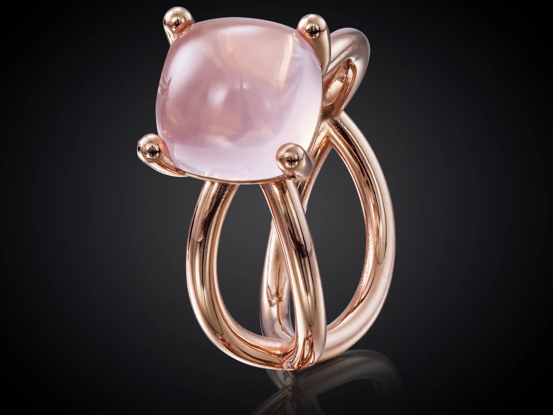 Oogappel | 14 karaat roodgouden ring met rozenkwarts | vierkant hoog cabouchon geslepen Rozenkwarts