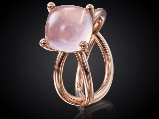 Oogappel | 14 karaat roodgouden ring met rozenkwarts | vierkant hoog cabouchon geslepen Rozenkwarts