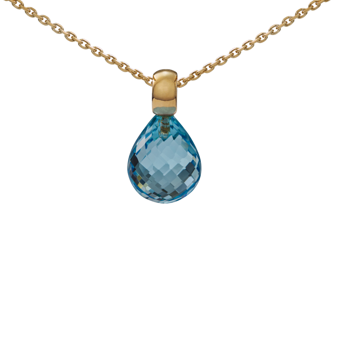 Snoepjes | 14 karaat geelgouden hanger met blauwe topaas | druppelvormig 12 x 10 mm | met klein oog