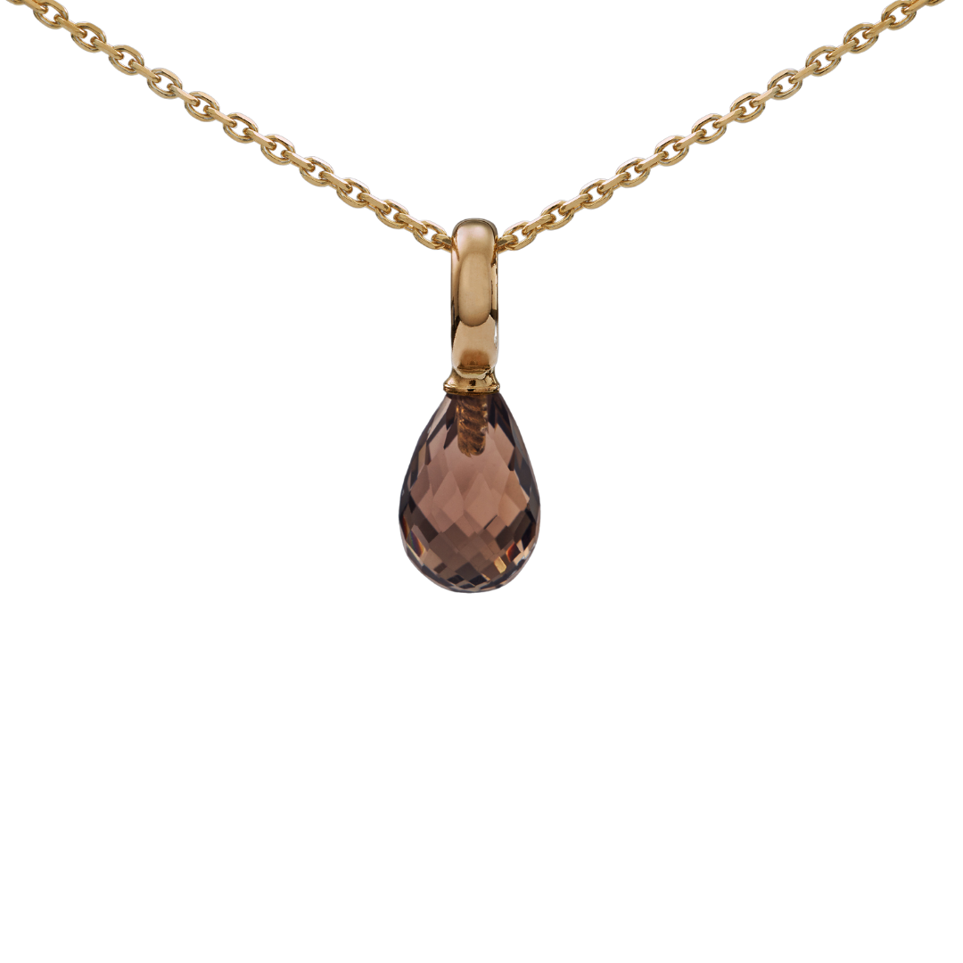 Snoepjes | 14 karaat geelgouden hanger met bruine rookkwarts | druppelvormig 10 x 7 mm | met groot oog