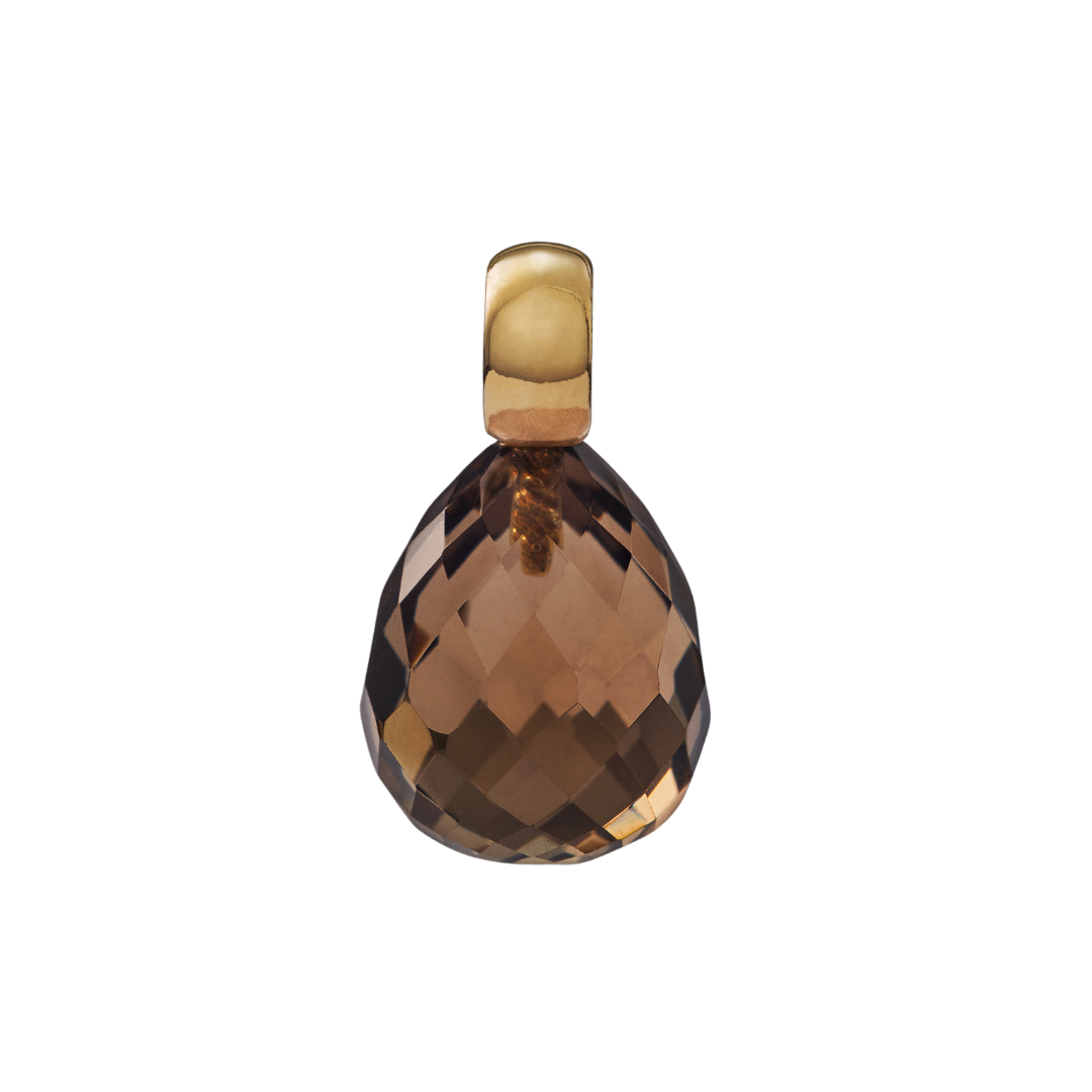 Snoepjes | 14 karaat geelgouden hanger met bruine rookkwarts | druppelvormig 12 x 10 mm | met klein oog