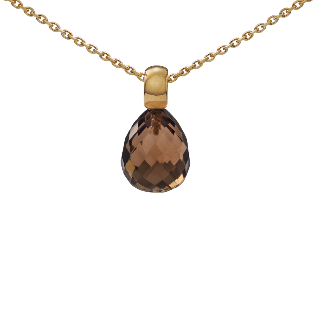 Snoepjes | 14 karaat geelgouden hanger met bruine rookkwarts | druppelvormig 12 x 10 mm | met klein oog