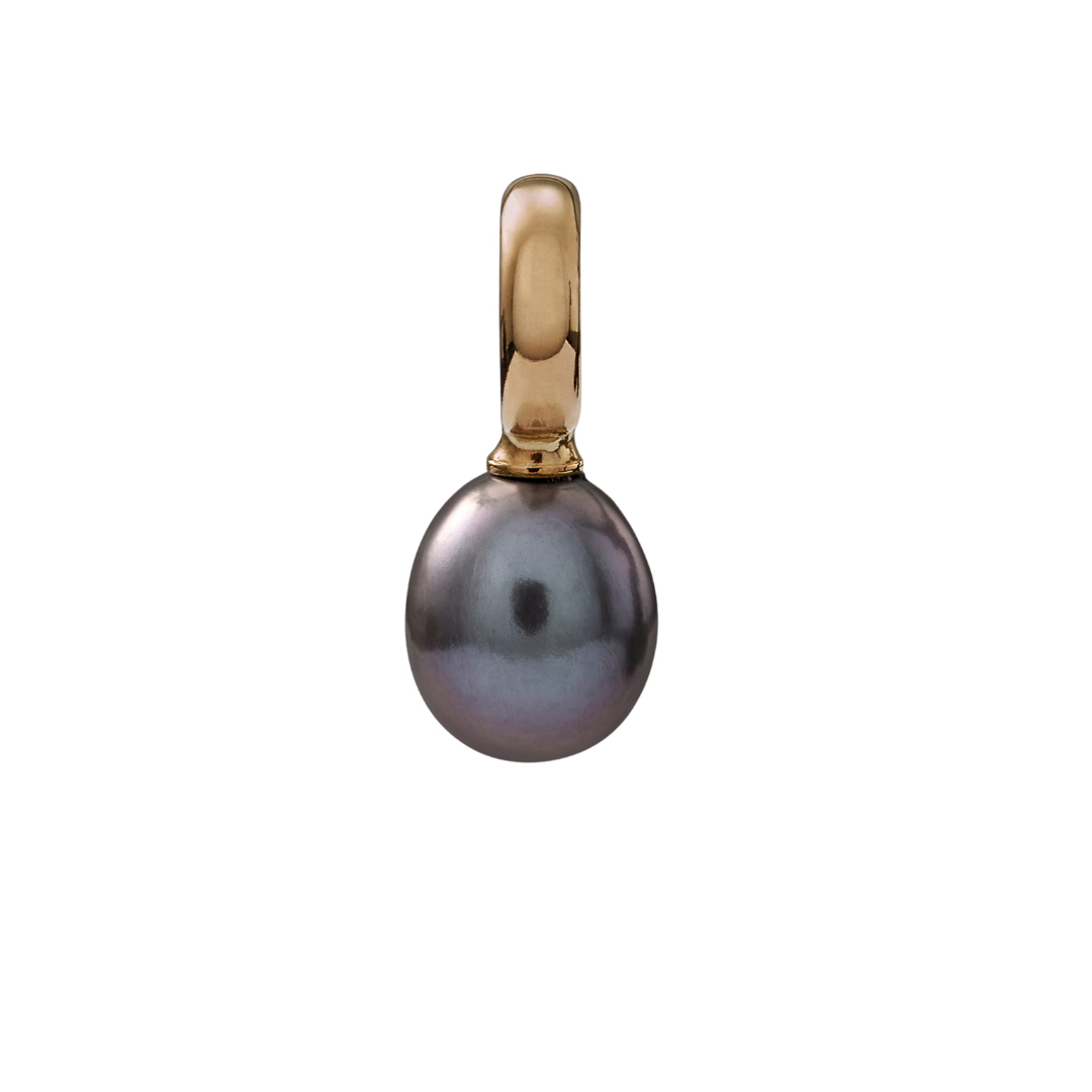 Snoepjes | 14 karaat geelgouden hanger met donkergrijze zoetwaterparel | druppelvormig 7.5 - 8 mm | met groot oog