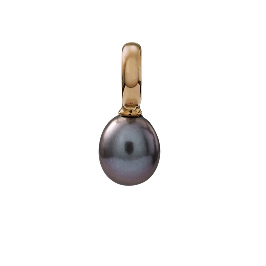 Snoepjes | 14 karaat geelgouden hanger met donkergrijze zoetwaterparel | druppelvormig 7.5 - 8 mm | met groot oog