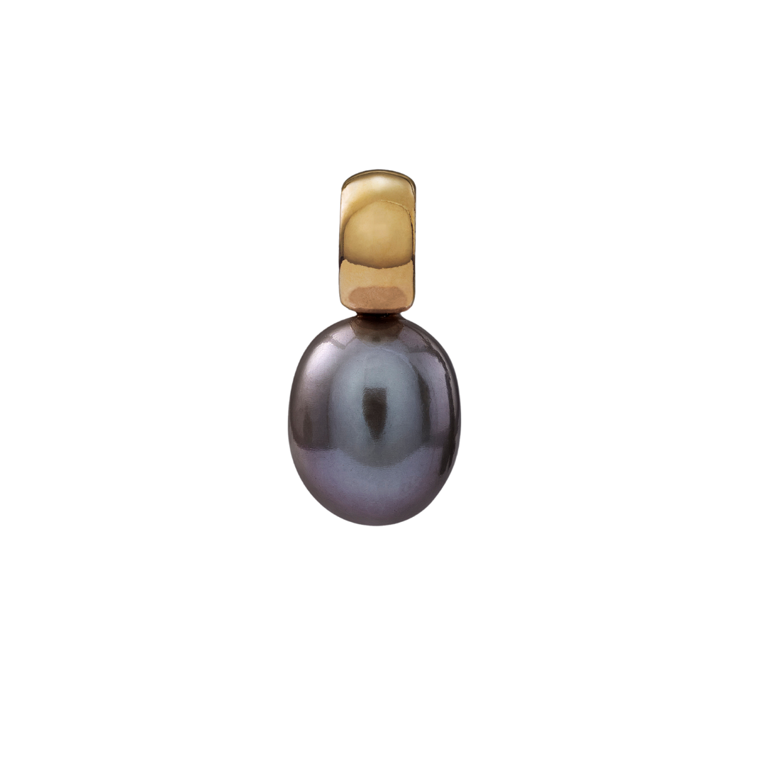 Snoepjes | 14 karaat geelgouden hanger met donkergrijze zoetwaterparel | druppelvormig 7.5 - 8 mm | met klein oog