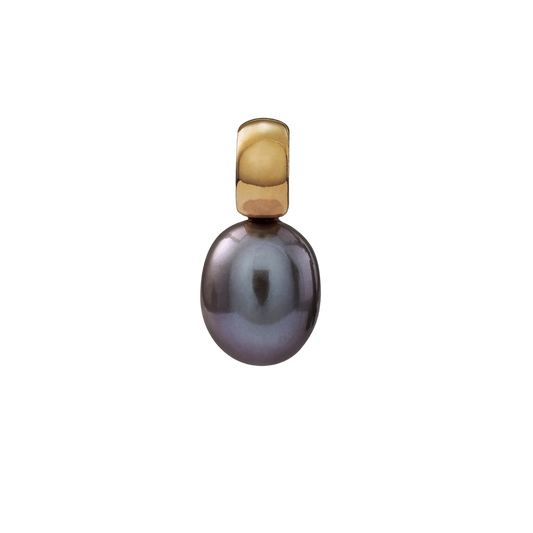 Snoepjes | 14 karaat geelgouden hanger met donkergrijze zoetwaterparel | druppelvormig 7.5 - 8 mm | met klein oog