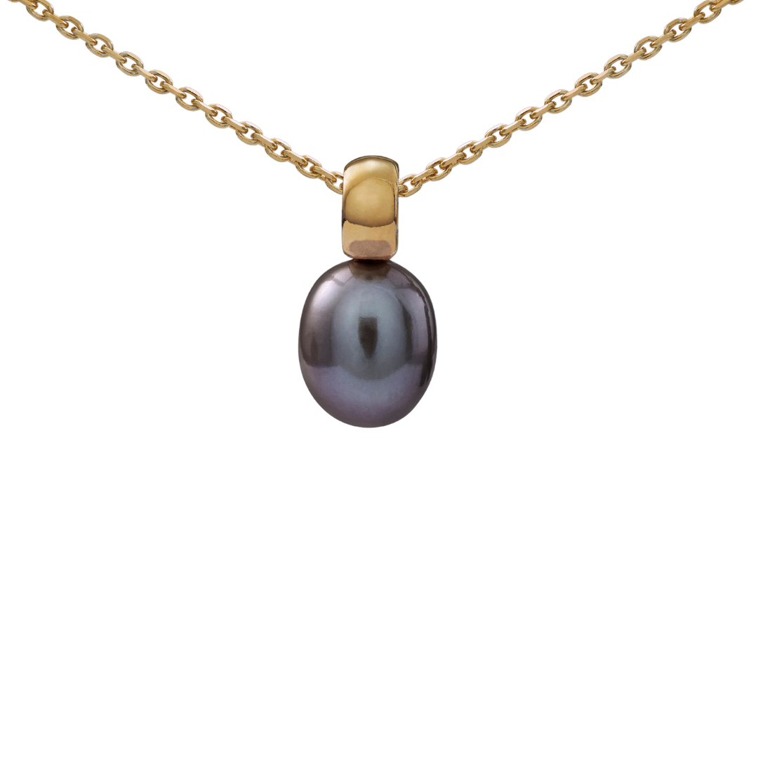 Snoepjes | 14 karaat geelgouden hanger met donkergrijze zoetwaterparel | druppelvormig 7.5 - 8 mm | met klein oog