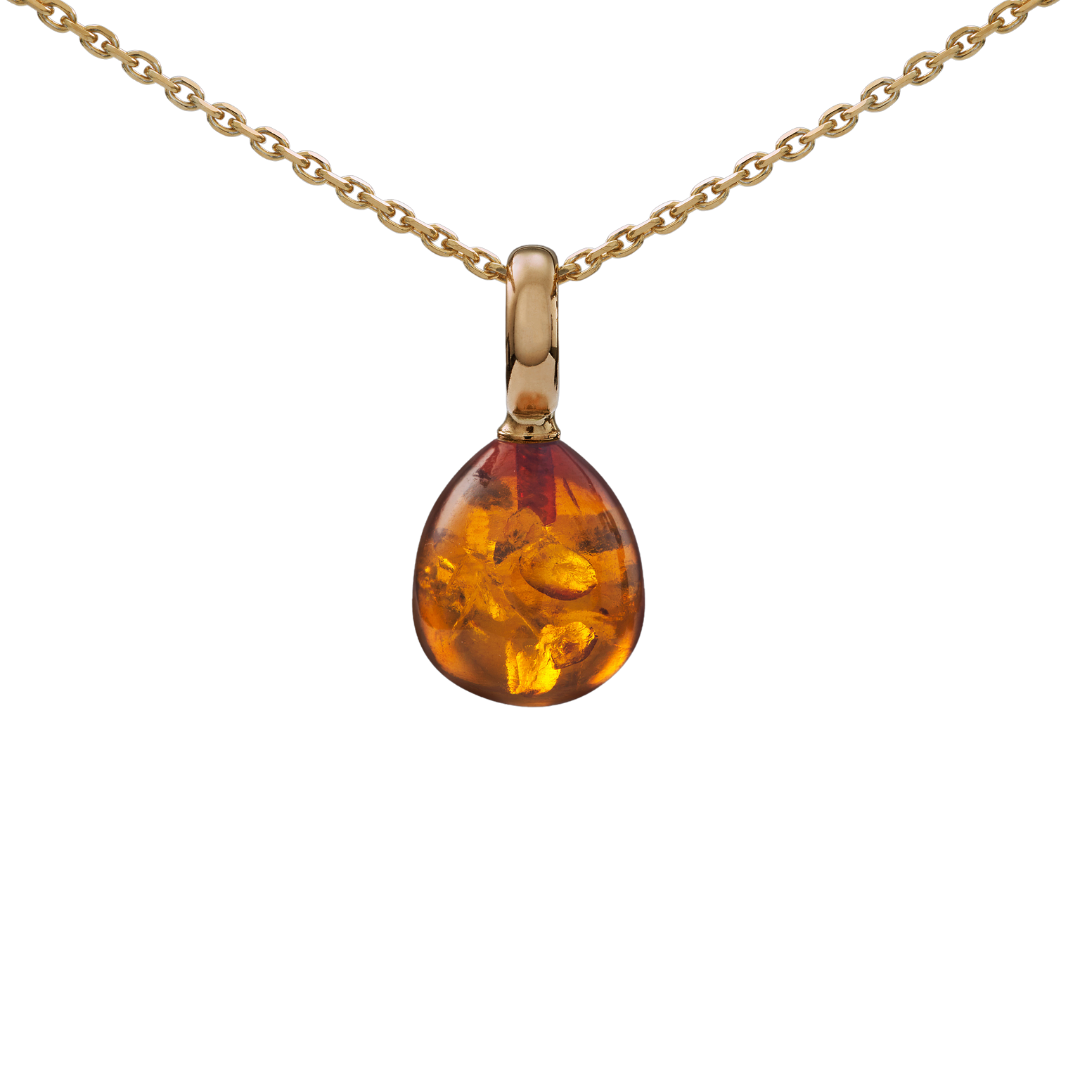 Snoepjes | 14 karaat geelgouden hanger met geeloranje barnsteen | druppelvormig 12 x 10 mm | met groot oog