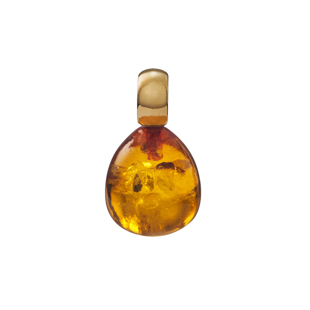 Snoepjes | 14 karaat geelgouden hanger met geeloranje barnsteen | druppelvormig 12 x 10 mm | met klein oog