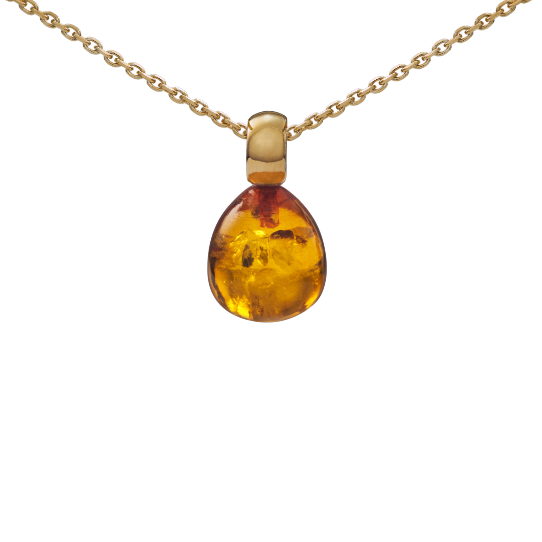 Snoepjes | 14 karaat geelgouden hanger met geeloranje barnsteen | druppelvormig 12 x 10 mm | met klein oog