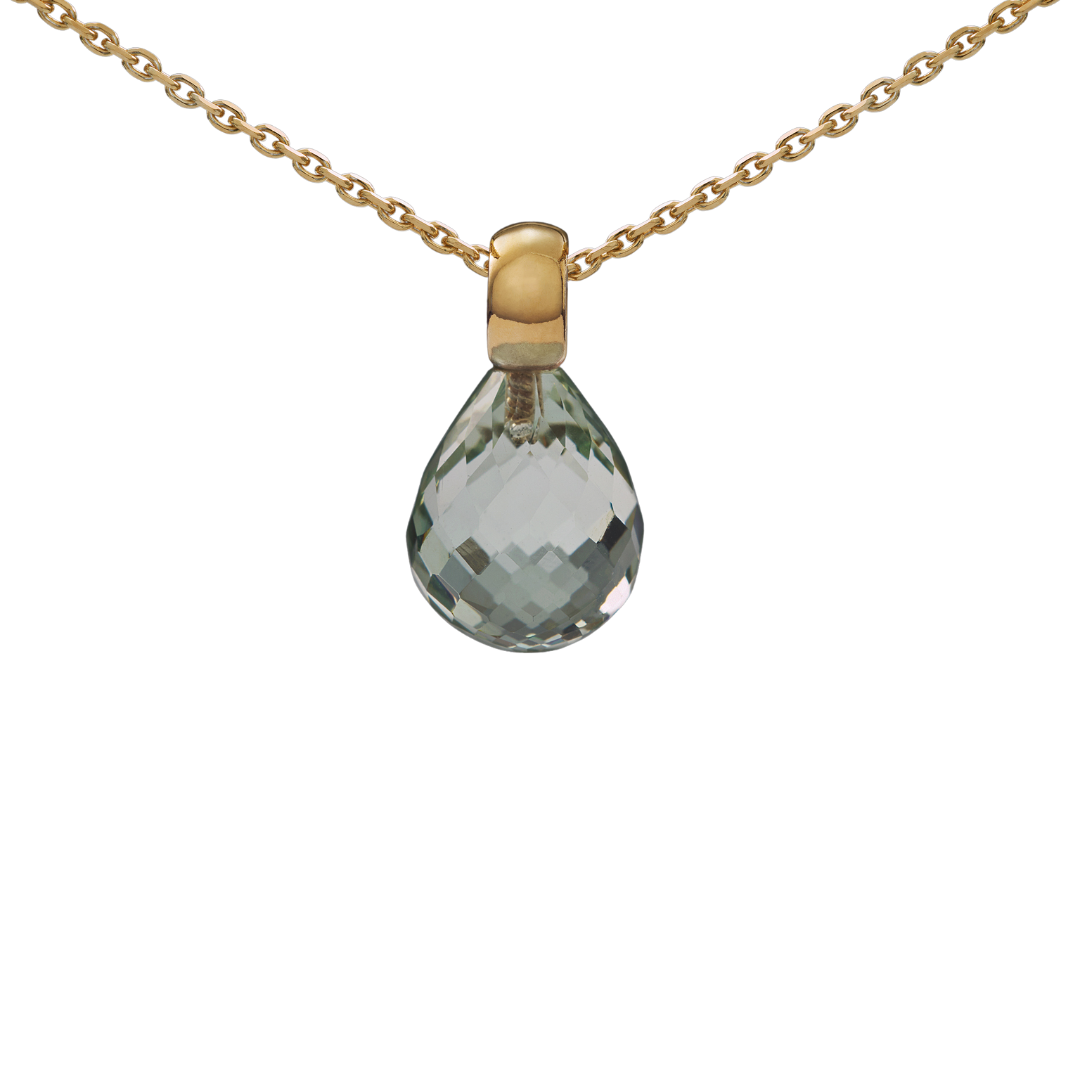 Snoepjes | 14 karaat geelgouden hanger met lichtgroene prasioliet | druppelvormig 12 x 10 mm | met klein oog