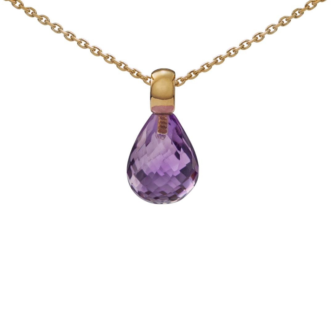 Snoepjes | 14 karaat geelgouden hanger met paarse amethist | druppelvormig 12 x 10 mm | met klein oog