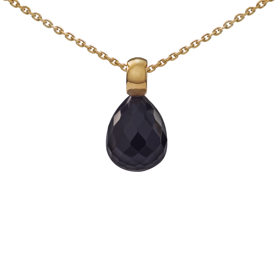 Snoepjes | 14 karaat geelgouden hanger met zwarte onyx | druppelvormig 12 x 10 mm | met klein oog