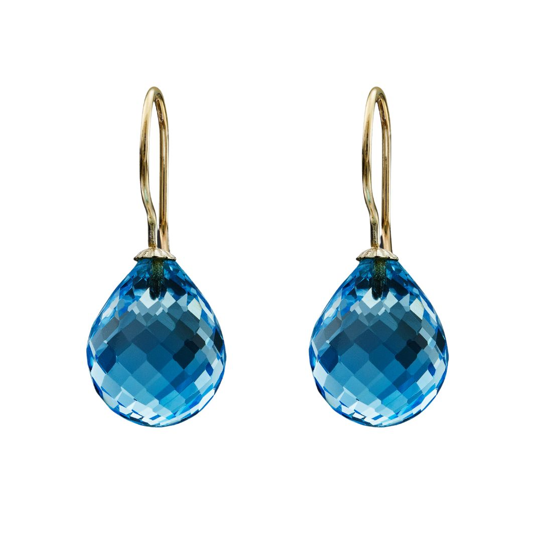 Snoepjes | 14 karaat geelgouden oorhangers met blauwe topaas | druppelvormig 12 x 10 mm