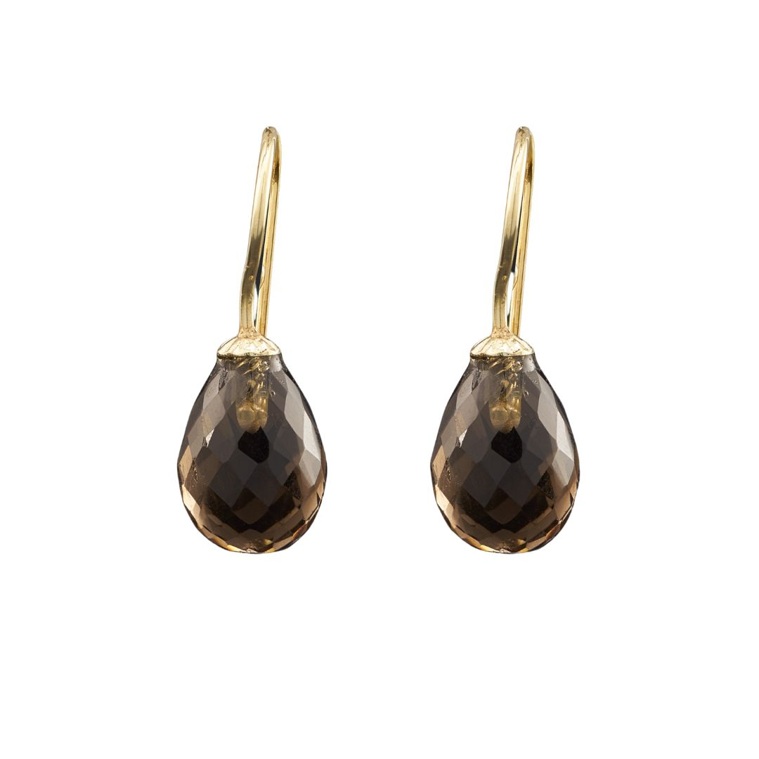 Snoepjes | 14 karaat geelgouden oorhangers met bruine rookkwarts | druppelvormig 10 x 7 mm