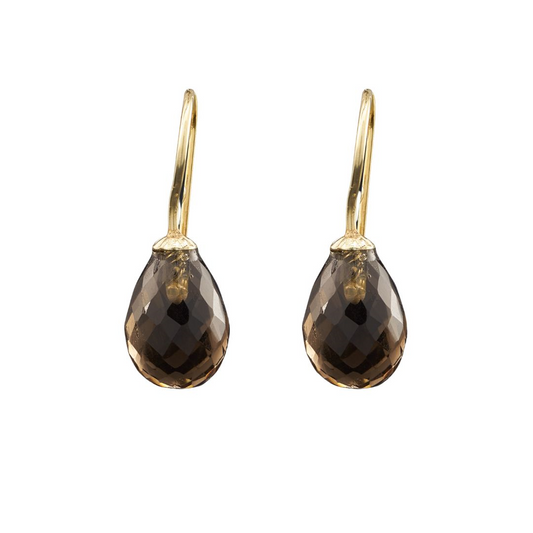 Snoepjes | 14 karaat geelgouden oorhangers met bruine rookkwarts | druppelvormig 10 x 7 mm