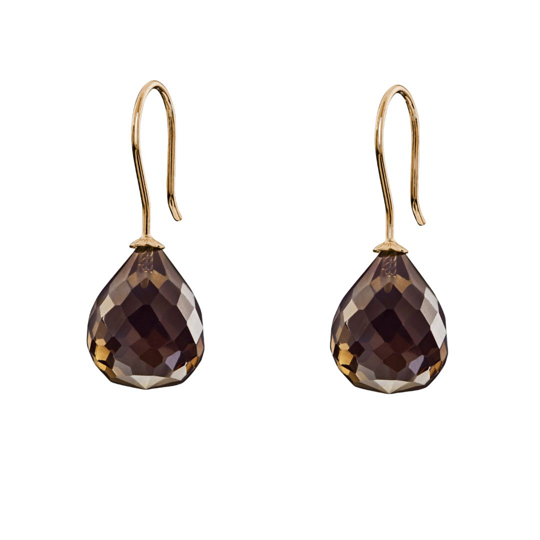 Snoepjes | 14 karaat geelgouden oorhangers met bruine rookkwarts | druppelvormig 12 x 10 mm