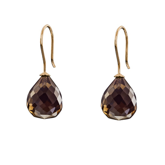 Snoepjes | 14 karaat geelgouden oorhangers met bruine rookkwarts | druppelvormig 12 x 10 mm