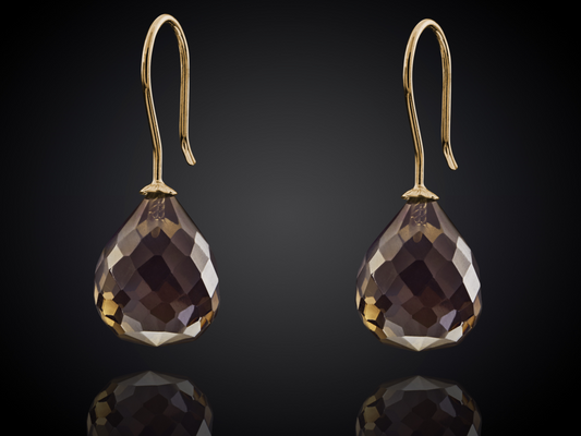 Snoepjes | 14 karaat geelgouden oorhangers met bruine rookkwarts | druppelvormig 12 x 10 mm