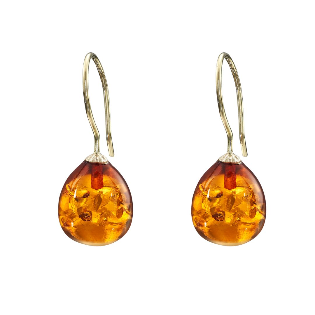 Snoepjes | 14 karaat geelgouden oorhangers met geeloranje barnsteen | druppelvormig 12 x 10 mm