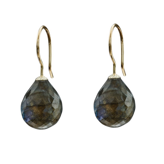 Snoepjes | 14 karaat geelgouden oorhangers met groengrijze labradoriet | druppelvormig 12 x 10 mm