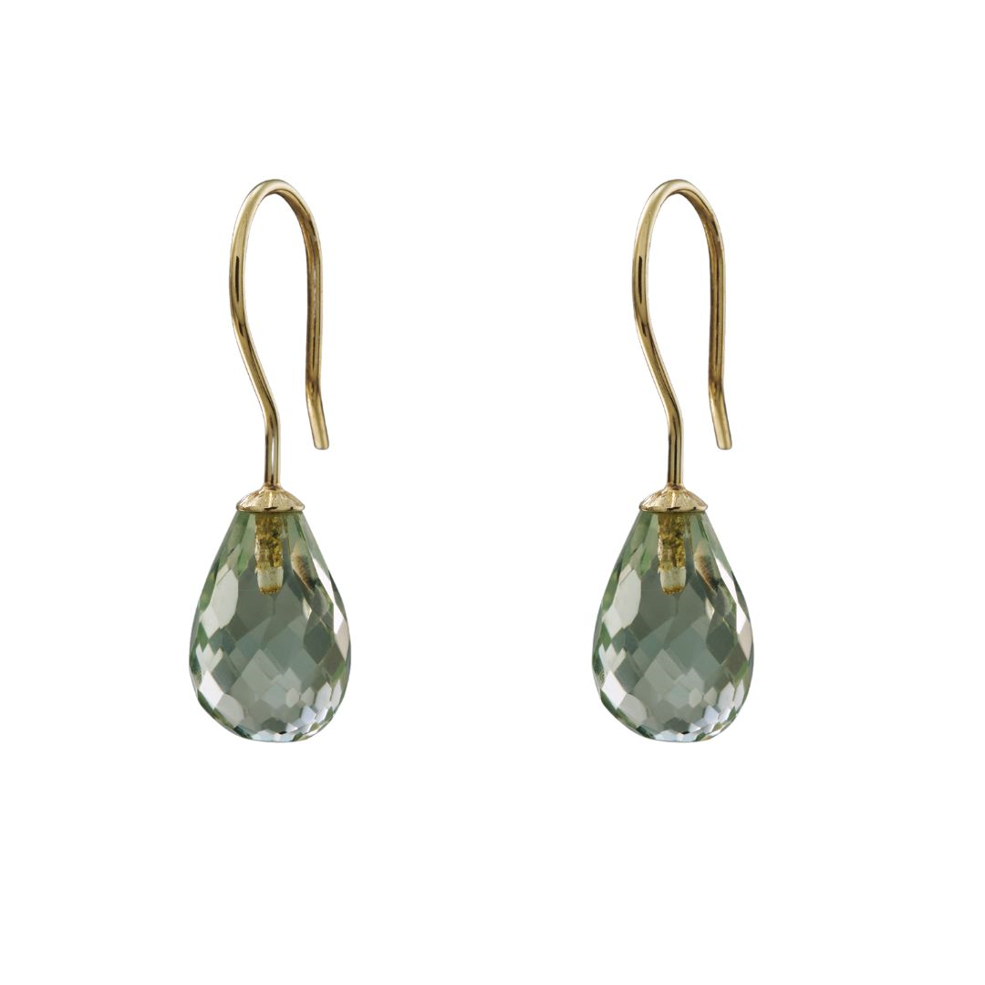 Snoepjes | 14 karaat geelgouden oorhangers met lichtlichtgroene prasioliet | druppelvormig 10 x 7 mm