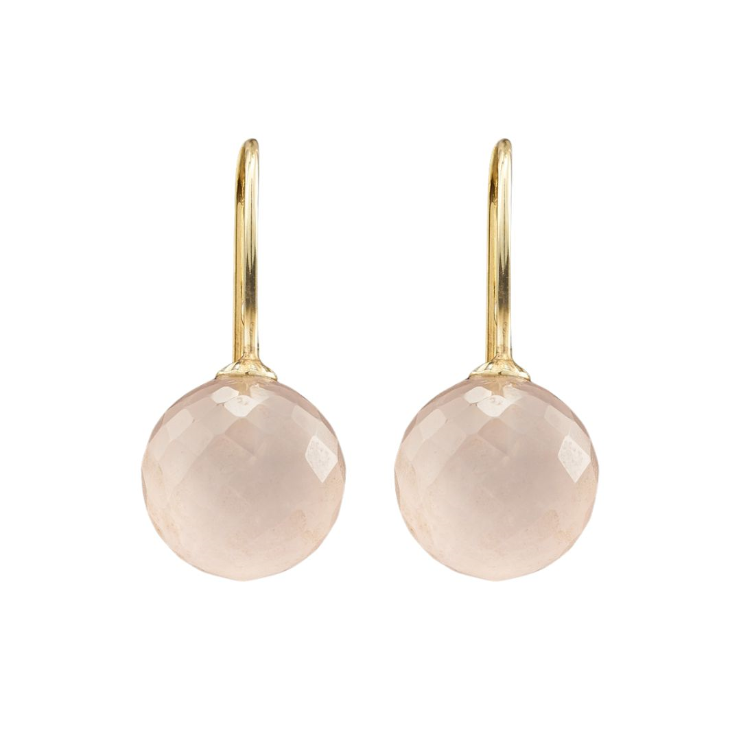 Snoepjes | 14 karaat geelgouden oorhangers met roze rozenkwarts | balvormig 10 mm