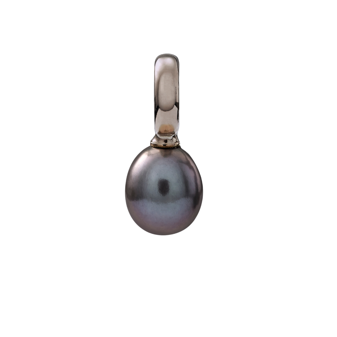 Snoepjes | 14 karaat witgouden hanger met donkergrijze zoetwaterparel | druppelvormig 7.5 - 8 mm | met groot oog
