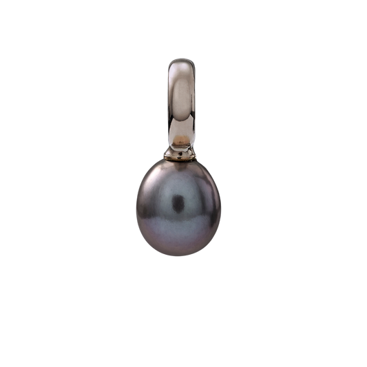 Snoepjes | 14 karaat witgouden hanger met donkergrijze zoetwaterparel | druppelvormig 7.5 - 8 mm | met groot oog