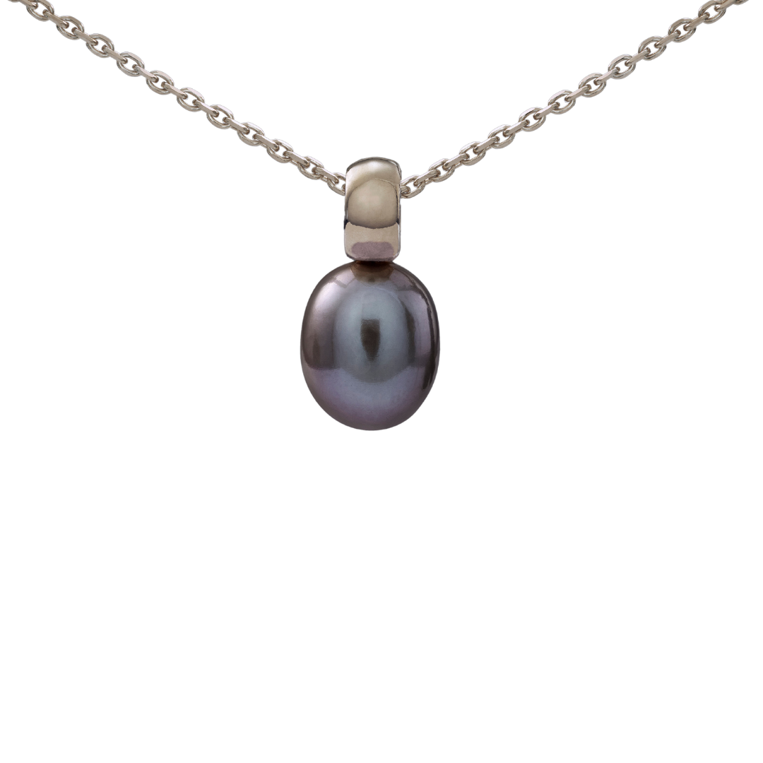 Snoepjes | 14 karaat witgouden hanger met donkergrijze zoetwaterparel | druppelvormig 7.5 - 8 mm | met klein oog