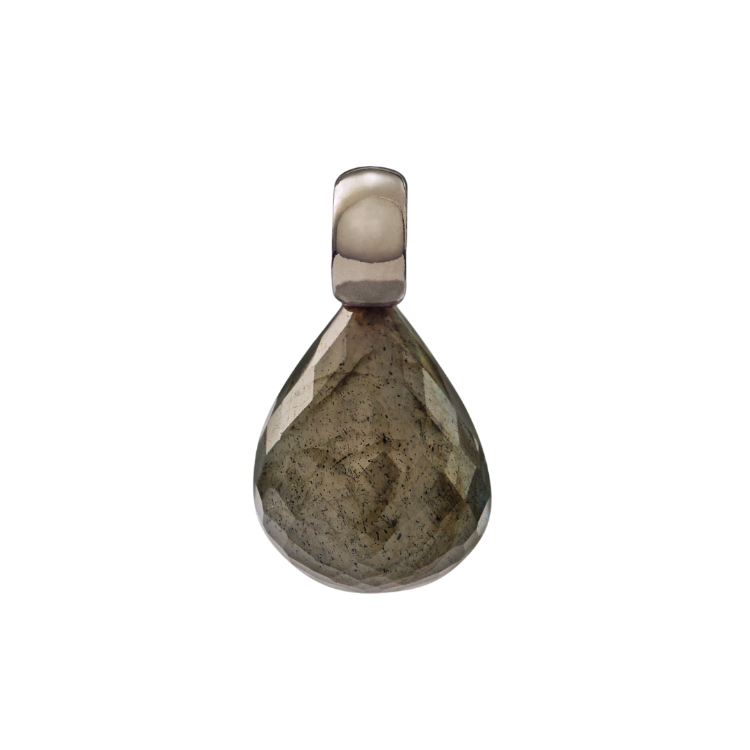 Snoepjes | 14 karaat witgouden hanger met labradoriet | druppelvormig 12 x 10 mm | met klein oog