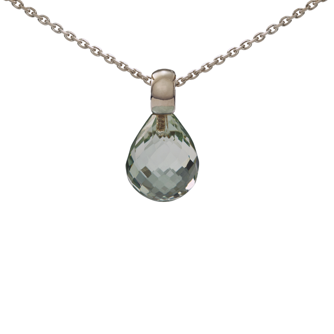 Snoepjes | 14 karaat witgouden hanger met lichtgroene prasioliet | druppelvormig 12 x 10 mm | met klein oog