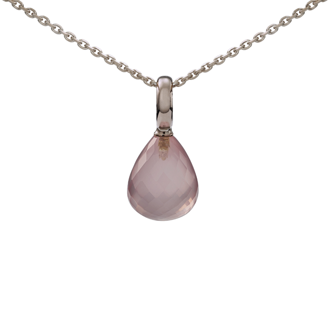 Snoepjes | 14 karaat witgouden hanger met roze rozenkwarts | druppelvormig 12 x 10 mm | met groot oog