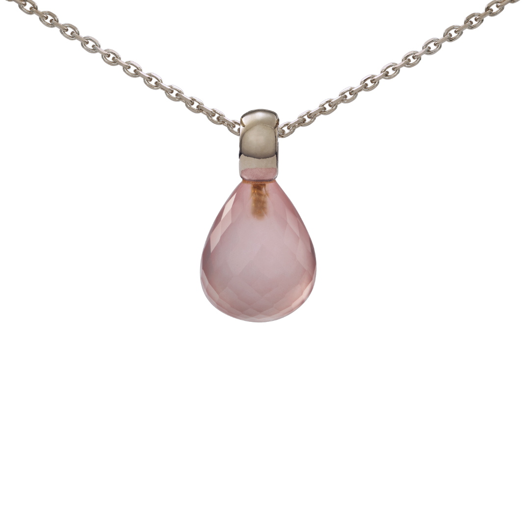 Snoepjes | 14 karaat witgouden hanger met roze rozenkwarts | druppelvormig 12 x 10 mm | met klein oog